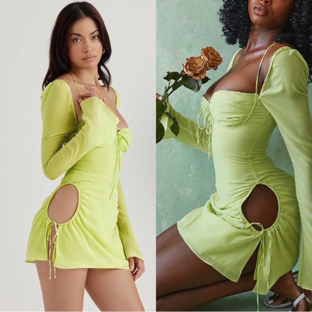 House of CB Baby Lime Green chiffon mini Bell Sleeve Dress Small Plus Cup